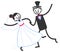 Vector wedding illustration of happy stick figures newlyweds dancing wildly, wedding invitation templ