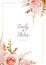 Vector wedding invite card design. Blush peach flowers, ivory white Rose, autumn brown, beige, dusty orange Eucalyptus branches,