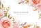 Vector wedding invite card, poster, banner design. Warm fall colors. Pink, blush peach Rose flowers, autumn brown beige, orange