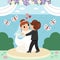 Vector wedding scene with cute just married couple. Marriage ceremony landscape with bride and groom. Husband and wife dancing