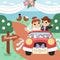 Vector wedding scene with cute just married couple. Marriage ceremony landscape with bride and groom. Husband and wife going to