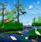 Vector wetland Pantanal Everglades landscape with animals