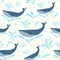 Vector whale illustration. Swimming cute whales seamless background for print or web. Whales pattern