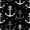 Vector white anchors repeat seamless pattern with circles on black background