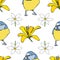 Vector white background yellow white floral birds seamless pattern. Lilies, birds. Seamless pattern background