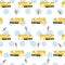 Vector white pastel pen skech rows of cute construction crane seamless pattern with light blue polka dots. Suitable for