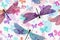 Vector white spring seamless pattern with flying dragonflies