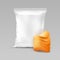 Vector White Vertical Sealed Foil Plastic Bag for Package Design with Stack of Potato Crispy Chips Close up
