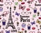 Vector Wide Seamless pattern Summer Paris, Eiffel Tower, butterfly. Holiday female pink background