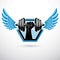 Vector winged illustration, bodybuilder muscular arm holding dumbbell. Power lifting and cross fit.