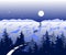 Vector winter Background with road and snowy valley with trees. The arctic landscape with mountains in the horizon with