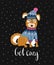 Vector winter card with cute dog in the sweater and lettering- `Get cozy`. Hand drawn background.