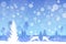 Vector winter Christmas forested landscape in blue color with snowfall effect.