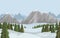 Vector winter flat landscape with snowy mountains, hills and trees in the forest