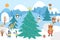 Vector winter forest background with cute animals, fir tree, snow. Funny woodland Christmas scene with bear, squirrel, monkey,
