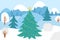 Vector winter forest background with trees, snow, mountains. Funny woodland Christmas scene with. Flat New Year landscape