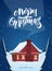 Vector winter greeting card with hand lettering of Merry Christmas and cartoon house with smoke from chimney