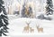 Vector winter landscape with bright sunbeams. Reindeer family standing in forest pine trees covered with snow on frosty evening.
