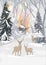 Vector winter landscape with bright sunbeams. Reindeer family standing in forest pine trees covered with snow on frosty evening.