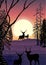 Vector winter landscape with bright sunbeams. Reindeer family standing in forest pine trees covered with snow on frosty evening.