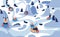 Vector winter landscape with people on tubing donuts happy riding from hills among trees. Various characters in warm clothes