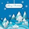 Vector winter night scene with fir trees, houses, mountaines, snowflakes and snow in carving style