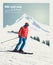 Vector winter poster, background. Advanced skier slides down the mountain