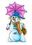 Vector winter snowman with pink umbrella