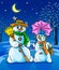 Vector winter snowmen with broom pink umbrella