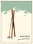 Vector winter themed template with wooden old fashioned skis and poles in the snow with snowy mountains and clear sky on