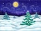 Vector winter wonderland night backdrop with snowy forest, starry sky and full moon. winter landscape. christmas magic