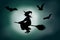 Vector witch flying on a broomstick in front of a full moon on green misty sky background.