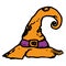 Vector witch hat with a sharp curved tip, orange color with a purple ribbon. hand-drawn witch hat, black outline with buckle on