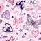 vector witch valentines day pattern with words of love, hearts, butterfly and glasses of wine