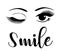 Vector woman face, eyes with long lashes, smile text.