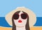 Vector of woman with hat and sunglasses with beach and sea background