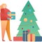 Vector woman put gifts under Christmas tree icon