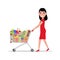 Vector woman with shopping trolley full groceries