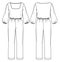 Vector woman square neck jumpsuit technical drawing