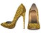 Vector women\\\'s gold pumps with sparkles isolated on white. Shiny high heel shoes.