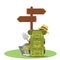 Vector wooden directional signpost or arrow with backpacks. Camping concept vector design.