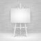 Vector Wooden White Easel with Empty Blank Horizontal Canvas Standing on Floor in front of Brick Wall