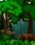 Vector woodland green forest trees backlit with bear, deers, snake and birds