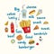 Vector work for flyers and menus. Fast food, french fries, hamburger, cheese, muffins, donuts, ice