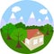 Vector work `Foothills`. Mountains, trees and house.