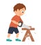 Vector working boy. Flat funny kid character sawing wood with a saw on work bench. Craft lesson illustration.