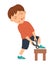 Vector working boy. Flat funny kid character taking out a nail out of the stool with pliers.