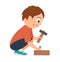 Vector working boy. Flat funny sitting kid character nailing up with a hammer. Craft lesson illustration.