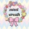 Vector wreath of delicate sweets, cute kawaii sweets, ice cream, cupcakes with a big pink bow