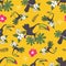 Vector yellow colourful tropical birthday party seamless pattern background. With toucan birds.Perfect for fabric